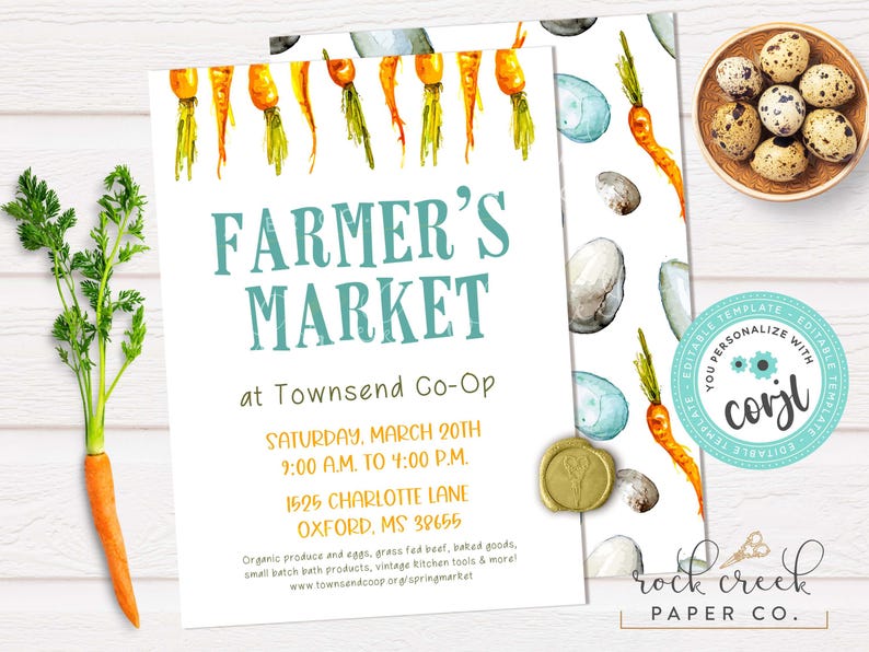 May include: A white invitation for a Farmer's Market at Townsend Co-Op, featuring watercolor carrots and eggs. The text reads "Farmer's Market" and includes the date, time, and address. A fresh carrot and a bowl of eggs are also visible.