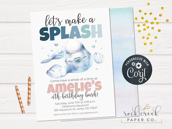 Beluga Whale Birthday Invitation, Aquarium Birthday Party, Whale Party, Digital Birthday Party Invitation, INSTANT ACCESS Il_570xn