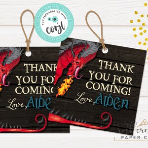 May include: Two red and black dragon favour tags with the text "Thank you for coming!" and "Love, Aiden".