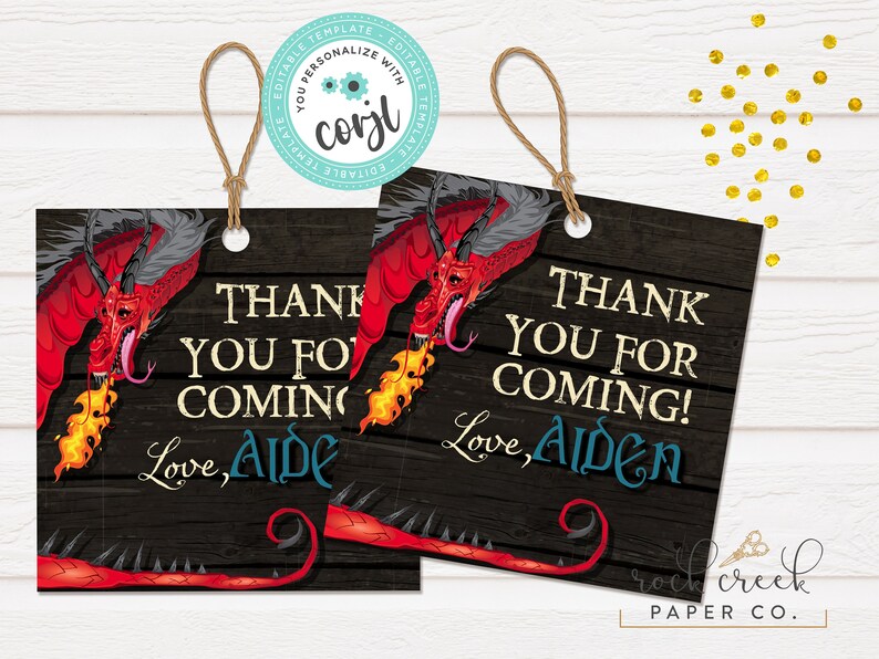 May include: Two red and black dragon favour tags with the text "Thank you for coming!" and "Love, Aiden".