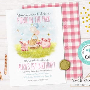 Invitación de cumpleaños de picnic de cerdos, invitación de PIGnic, invitación de canasta de picnic, plantilla de fiesta de cumpleaños editable, descarga instantánea