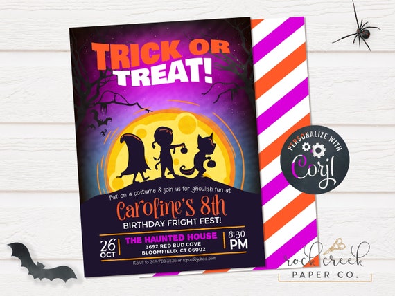 Trick or Treat Birthday Invitation, Halloween Party, Fright Night Party, Digital Birthday Party Invitation, INSTANT ACCESS Il_570xn
