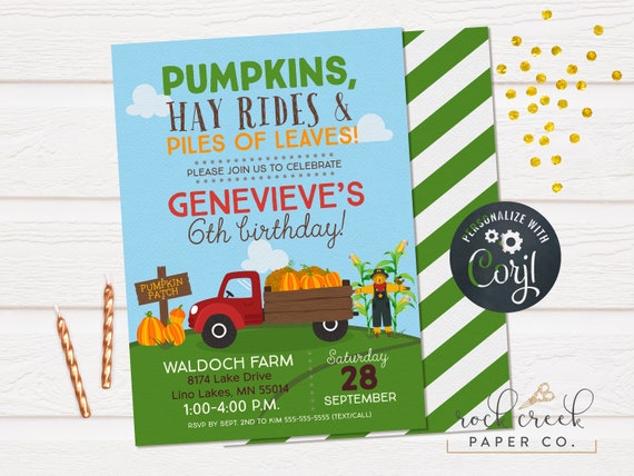 Pumpkin Patch Birthday Invitation, Hay Ride, Scarecrow, Autumn Birthday Party, Digital Birthday Party Invitation, INSTANT ACCESS Il_570xn