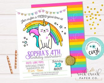 May include: A birthday invitation featuring a white cat with a rainbow mane and a unicorn horn. The invitation includes the text "Join us for a MEOW-gical time at" and "Sophia's 4th birthday celebration!" with event details.