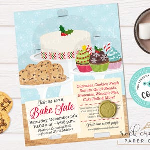 Peut inclure: Un d&eacute;pliant pour une vente de p&acirc;tisseries illustr&eacute; d'un g&acirc;teau, de biscuits et de cupcakes sur un fond bleu clair &agrave; flocons de neige. Le texte indique Join us for a Bake Sale, Saturday, December 5th, 10:00 a.m. - 4:00 p.m. et Flatiron Crossing Mall.