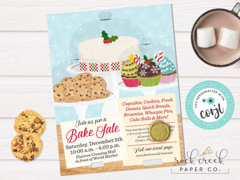 Peut inclure: Un d&eacute;pliant pour une vente de p&acirc;tisseries illustr&eacute; d'un g&acirc;teau, de biscuits et de cupcakes sur un fond bleu clair &agrave; flocons de neige. Le texte indique Join us for a Bake Sale, Saturday, December 5th, 10:00 a.m. - 4:00 p.m. et Flatiron Crossing Mall.