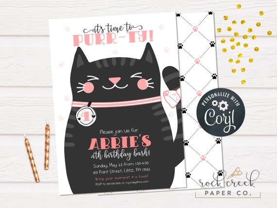 Black Cat Birthday Invitation, Kitten Party Invitation, Kitty Cat Birthday Party, Digital Birthday Party Invitation, INSTANT ACCESS Il_570xn