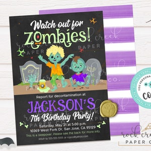 May include: A purple and white striped background with a black and white bat in the lower left corner. A black chalkboard style invitation with green and purple text reads "Watch out for Zombies!" with a cartoon zombie illustration. The invitation is for Jackson's 7th birthday party and includes the date, time, and location. The invitation is decorated with a gold wax seal.