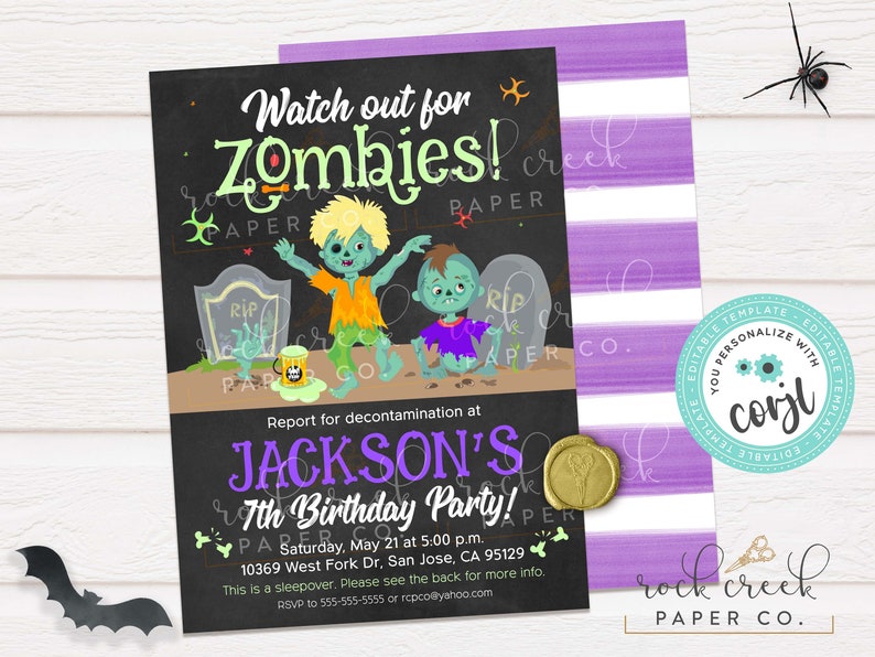 May include: A purple and white striped background with a black and white bat in the lower left corner. A black chalkboard style invitation with green and purple text reads "Watch out for Zombies!" with a cartoon zombie illustration. The invitation is for Jackson's 7th birthday party and includes the date, time, and location. The invitation is decorated with a gold wax seal.