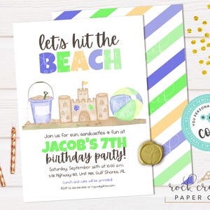 May include: A beach-themed birthday party invitation with the text "Let's hit the BEACH" in colorful letters. The invitation features illustrations of a sandcastle, beach ball, and bucket. The text "JACOB'S 7TH birthday party!" is also included.