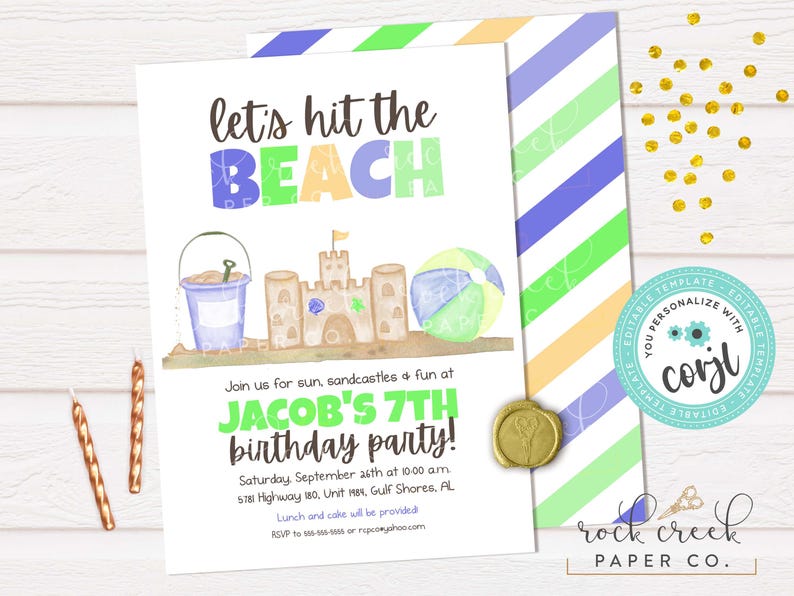 May include: A beach-themed birthday party invitation with the text "Let's hit the BEACH" in colorful letters. The invitation features illustrations of a sandcastle, beach ball, and bucket. The text "JACOB'S 7TH birthday party!" is also included.