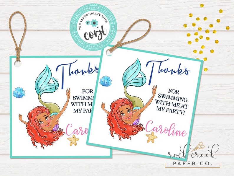 May include: Two printable thank you tags featuring a mermaid with red hair and a turquoise tail. The text on the tags reads "Thanks for swimming with me at my party!" and includes the names "Caro" and "Caroline".
