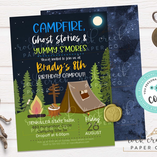 Camping Birthday Invitation, Tent Camping Party, Ghost Stories, S'mores, Campfire, Editable Birthday Party Template, Instant Download