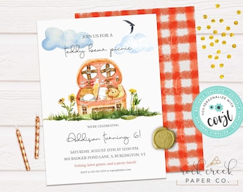 Teddy Bear Picnic Birthday Invitation, Picnic Invitation, Picnic Basket Invitation, Editable Birthday Party Template, Instant Download