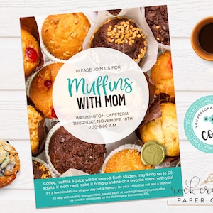 Ulotka „Muffins with Mom”: Edytowalny szablon (natychmiastowe pobranie cyfrowe)