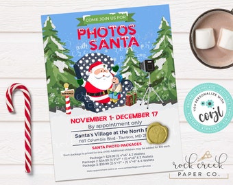 May include: A festive flyer for Santa photos, featuring a cartoon Santa Claus with a child, a camera, and Christmas trees. The flyer includes the text "PHOTOS with SANTA" and details for appointments from November 1 to December 17.