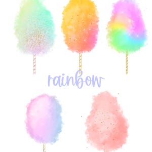 May include: An illustration of five colorful cotton candy designs on sticks. The text "CHOOSE YOUR DESIGN" is at the top, and the word "rainbow" is written in cursive below the cotton candy.