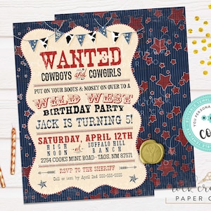 Cowboy Birthday Invitation, Wild West Invitation, Outlaw Wanted Party, Cowboys, Cowgirls, Editable Birthday Party Template, Instant Download