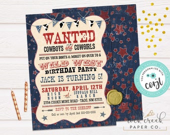 Cowboy Birthday Invitation, Wild West Invitation, Outlaw Wanted Party, Cowboys, Cowgirls, Editable Birthday Party Template, Instant Download