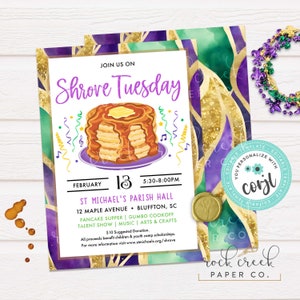 May include: Invitation for Shrove Tuesday with a stack of pancakes topped with butter. The invitation has a purple and gold border with the text "Shrove Tuesday" in purple script. Includes event details and the Rock Creek Paper Co. logo.