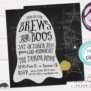May include: Black and white Halloween party invitation with a ghost graphic. The text reads "Join us for Brews and Boos, Sat. October 28th from 6:00-Midnight, The Taylor Home, 12345 Main St. in Norman, OK, RSVP before October 21st to Aimee 555-555-5555 or repco@yahoo.com".