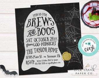 May include: Black and white Halloween party invitation with a ghost graphic. The text reads "Join us for Brews and Boos, Sat. October 28th from 6:00-Midnight, The Taylor Home, 12345 Main St. in Norman, OK, RSVP before October 21st to Aimee 555-555-5555 or repco@yahoo.com".