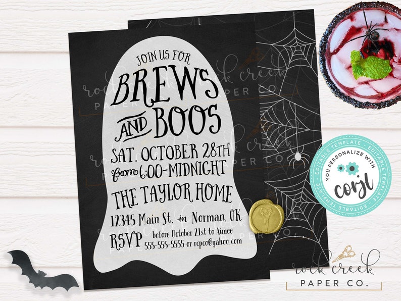 May include: Black and white Halloween party invitation with a ghost graphic. The text reads "Join us for Brews and Boos, Sat. October 28th from 6:00-Midnight, The Taylor Home, 12345 Main St. in Norman, OK, RSVP before October 21st to Aimee 555-555-5555 or repco@yahoo.com".