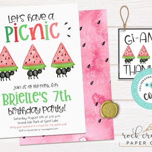 May include: A printable invitation for a 7th birthday party featuring a watermelon and ant theme. The invitation reads "Let's have a picnic" and "Brielle's 7th birthday party!" with a pink watercolour background. It also includes a thank you tag with the text "Gi-Ant Thank You!" and a watermelon and ant design.