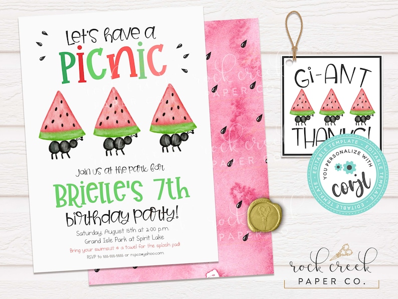 May include: A printable invitation for a 7th birthday party featuring a watermelon and ant theme. The invitation reads "Let's have a picnic" and "Brielle's 7th birthday party!" with a pink watercolour background. It also includes a thank you tag with the text "Gi-Ant Thank You!" and a watermelon and ant design.