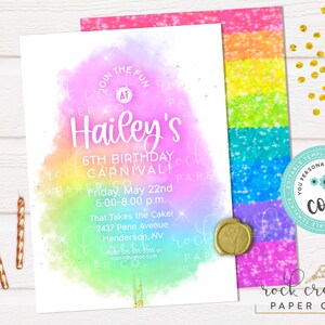 May include: A colorful birthday party invitation with the name "Hailey's" in a playful font. The invitation features a watercolor design with pastel colors and includes event details. Gold confetti and candles add a festive touch.