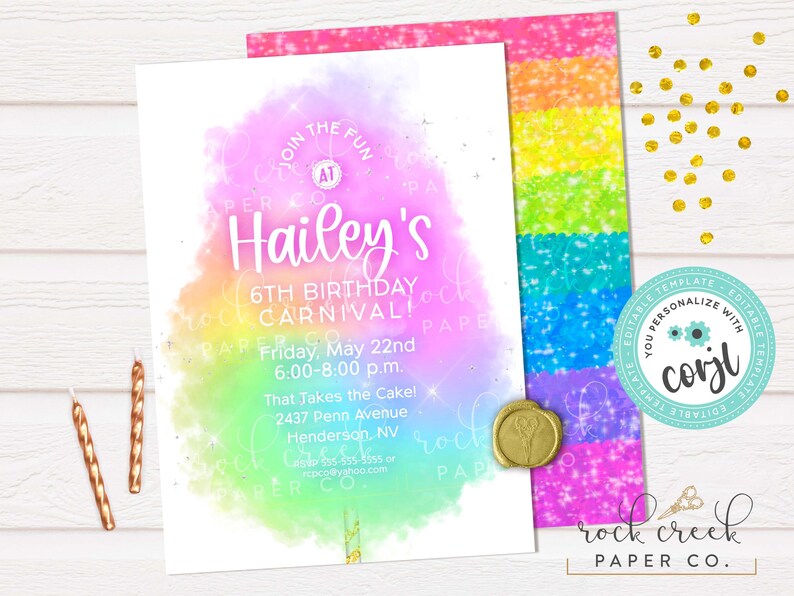 May include: A colorful birthday party invitation with the name "Hailey's" in a playful font. The invitation features a watercolor design with pastel colors and includes event details. Gold confetti and candles add a festive touch.