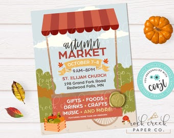 May include: An autumn market poster with a red and brown awning, displaying the text "Autumn Market" and event information. Includes a pumpkin, leaves, and a wooden crate of pumpkins. The event is at St. Elijah Church.