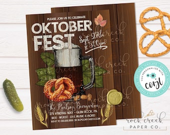 May include: Oktoberfest invitation with a beer stein, pretzel, and text on a wooden background. Includes the text "Oktoberfest" and event details. A pickle and pretzels are also visible.