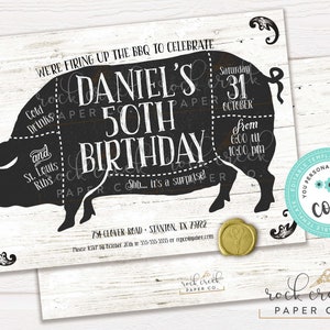 Rustic Hog Birthday Invitation, Pig Barbecue Invitation, BBQ Party, Barbecue Dinner Party, Digital Party Invitation, Instant Download