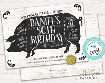 Rustic Hog BBQ Birthday Invitation, Editable Pig Barbecue Template (Digital Download)