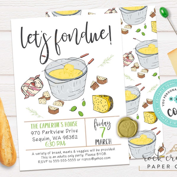 Let's Fondue Invitation, Fondue Party Invite, Melting Pot, Chocolate Fondue, Cheese Fondue, Editable Party Template, Instant Download