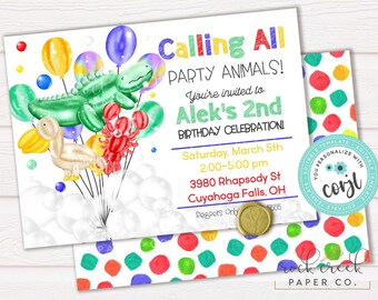 Può includere: Un invito per una festa di compleanno con il testo "Calling All Party Animals!" e "Alek's 2nd Birthday Celebration!". Presenta palloncini colorati e palloncini a forma di animali. L'invito include i dettagli dell'evento e un motivo a pois colorati.