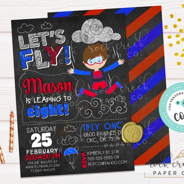 iFly Birthday Invitation, Indoor Skydiving Invitation, iFly Party, Editable Birthday Party Template, Instant Download