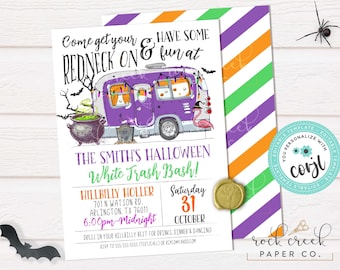 May include: A white invitation with purple, orange, and green stripes. The invitation is for a Halloween party called "The Smith's Halloween White Trash Bash!" The party is on Saturday, October 31st from 6:00pm to midnight. The address is 701 N Watson Rd, Arlington, TX 76011. The invitation features a cartoon illustration of a purple camper van with a cauldron and a flamingo.