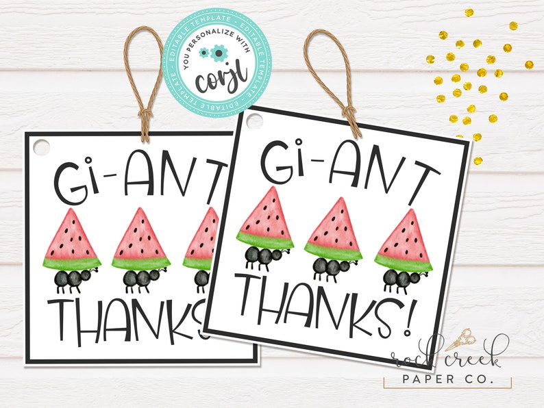 May include: Two white square gift tags with black borders and holes for string. The tags feature a black and white illustration of ants carrying watermelon slices. The text "Gi-ANT THANKS!" is written in black on the tags.