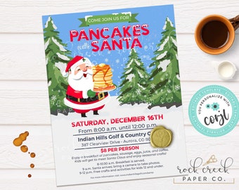 Pancakes with Santa Flyer, Breakfast with Santa Invitation, Santa Pancakes, Holiday Fundraiser, Editable Event Template, Instant Download