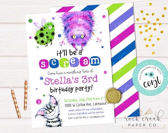 Invitación de cumpleaños de monstruos esponjosos, plantilla editable para fiestas (descarga digital)