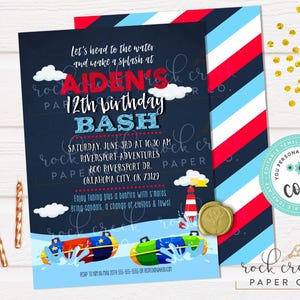 May include: A navy blue birthday invitation with red, white, and blue stripes. The invitation reads "Aiden's 12th birthday bash" with details about the event, including the date, time, and location. The invitation features a water theme with images of tubes and a lighthouse.