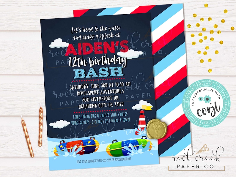 May include: A navy blue birthday invitation with red, white, and blue stripes. The invitation reads "Aiden's 12th birthday bash" with details about the event, including the date, time, and location. The invitation features a water theme with images of tubes and a lighthouse.