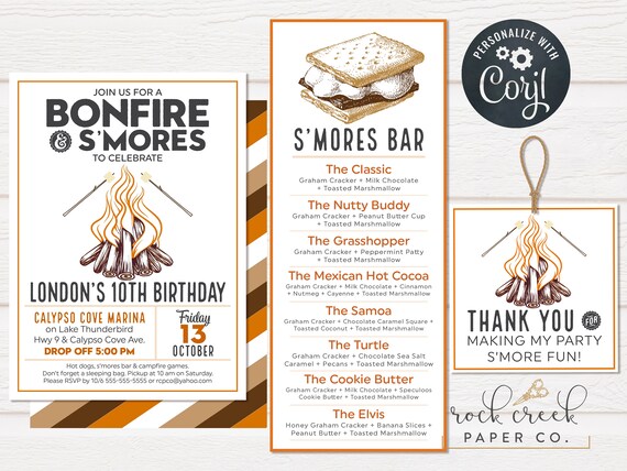 Bonfire Birthday Invitation, Bonfire & S'mores Party, S'mores Menu, S'mores Tag, Digital Party Printables, INSTANT ACCESS Il_570xn