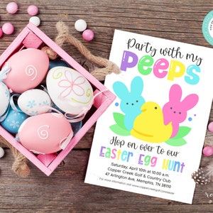 May include: A pink and white Easter egg hunt invitation with a cartoon image of three Peeps. The invitation says "Party with my Peeps" and "Hop on over to our Easter Egg Hunt". The event is on Saturday, April 10th at 10:00 am at Copper Creek Golf & Country Club, 47 Arlington Ave, Memphis, TN 38110.