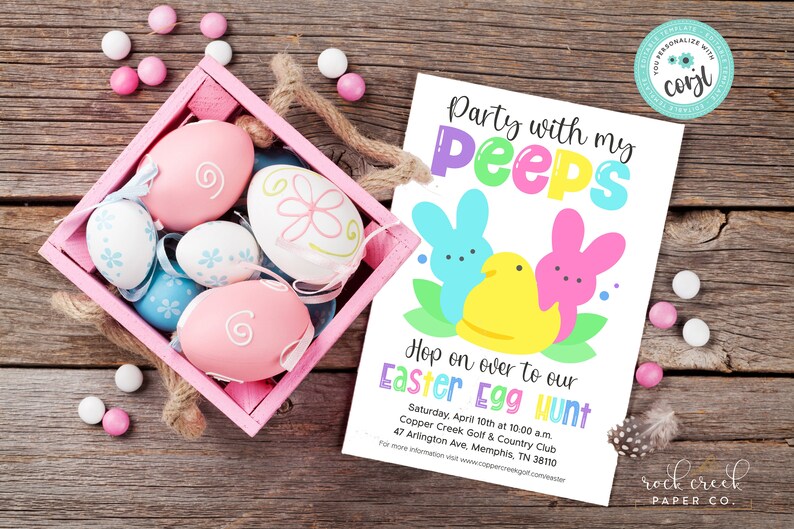 May include: A pink and white Easter egg hunt invitation with a cartoon image of three Peeps. The invitation says "Party with my Peeps" and "Hop on over to our Easter Egg Hunt". The event is on Saturday, April 10th at 10:00 am at Copper Creek Golf & Country Club, 47 Arlington Ave, Memphis, TN 38110.