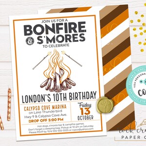 May include: A white and orange birthday party invitation with a campfire and the text "Join us for a bonfire & s'mores to celebrate London's 10th birthday". The invitation includes details about the event, including the date, time, and location. The invitation is decorated with a brown and orange striped pattern.