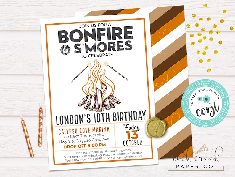 May include: A white and orange birthday party invitation with a campfire and the text "Join us for a bonfire & s'mores to celebrate London's 10th birthday". The invitation includes details about the event, including the date, time, and location. The invitation is decorated with a brown and orange striped pattern.