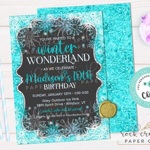 May include: A rectangular invitation card with a black center and a bright turquoise border featuring white snowflake patterns. The text reads: You're invited to a winter wonderland as we celebrate Madison's 10th birthday, Sunday, January 13th, 1:00-3:00, Riley Outdoor Ice Rink, 3801 Spirit Drive, Windsor, VT.
